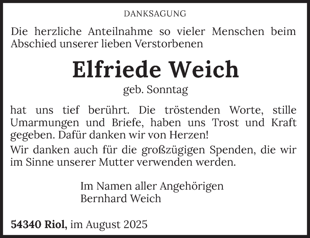  Traueranzeige für Elfriede Weich vom 23.08.2025 aus trierischer_volksfreund