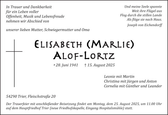 Traueranzeige von Elisabeth Alof-Loriz von trierischer_volksfreund