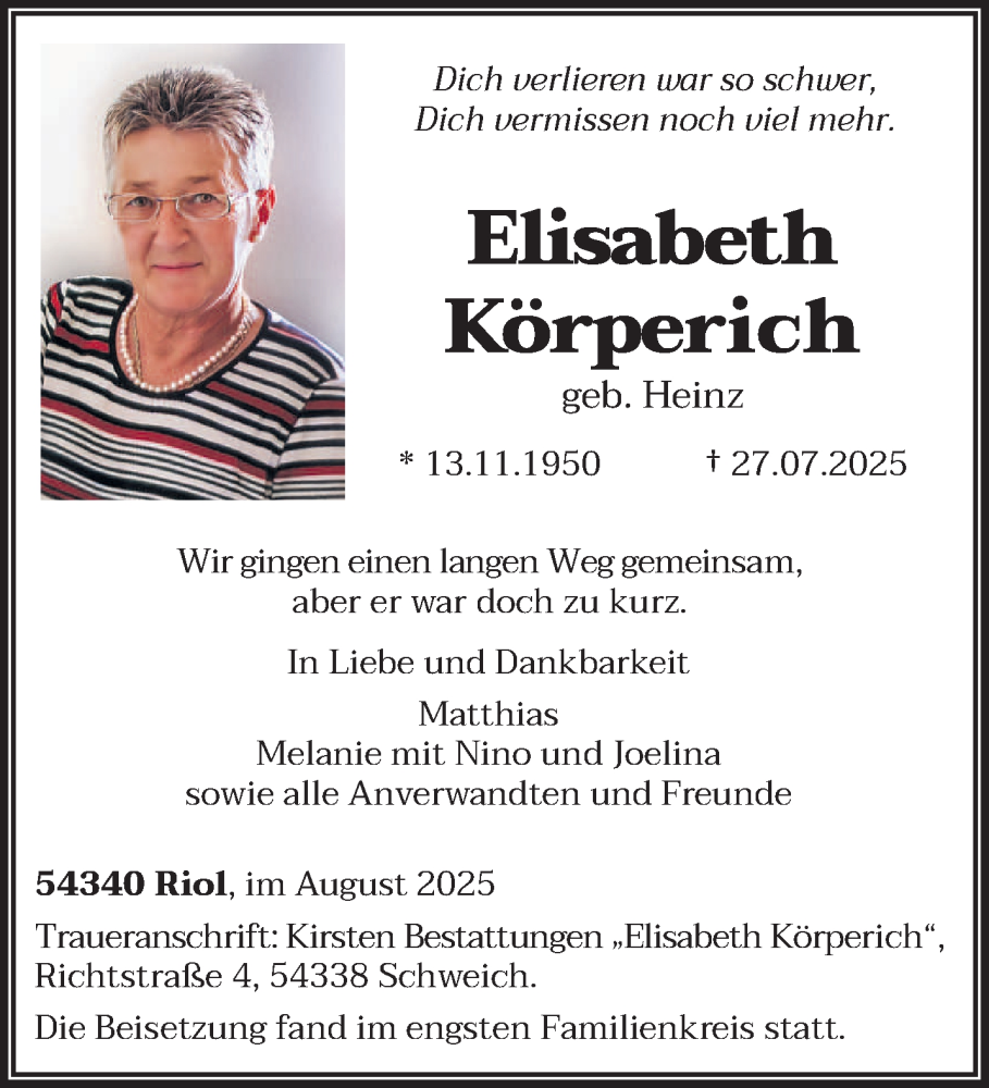  Traueranzeige für Elisabeth Körperich vom 16.08.2025 aus trierischer_volksfreund