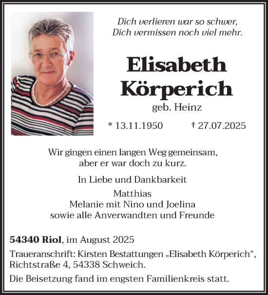 Traueranzeige von Elisabeth Körperich von trierischer_volksfreund