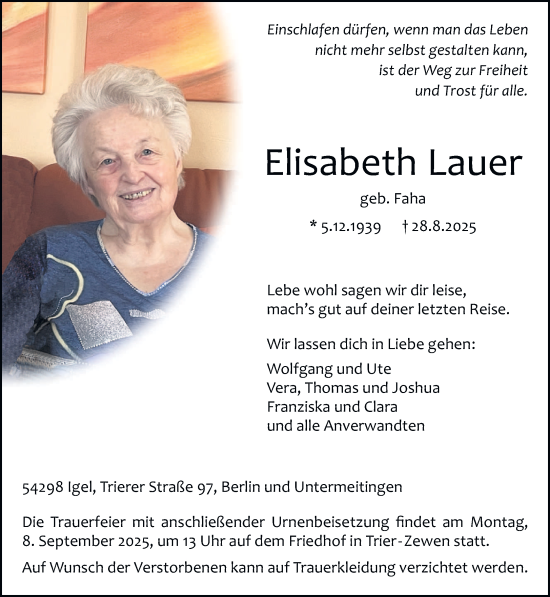 Traueranzeige von Elisabeth Lauer von trierischer_volksfreund