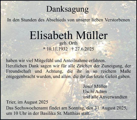 Traueranzeige von Elisabeth Müller von trierischer_volksfreund