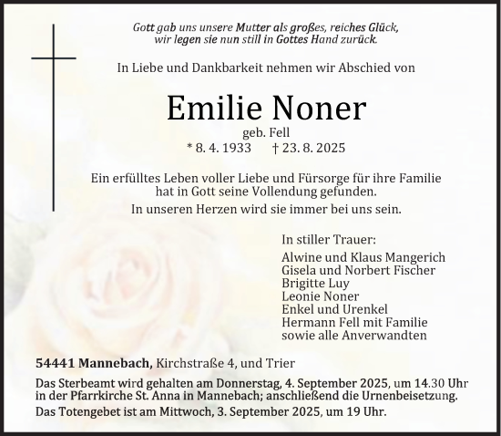 Traueranzeige von Emilie Noner von trierischer_volksfreund