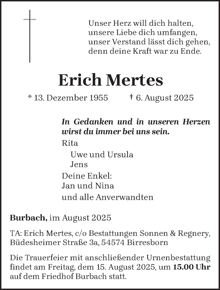  Traueranzeige für Erich Mertes vom 09.08.2025 aus trierischer_volksfreund
