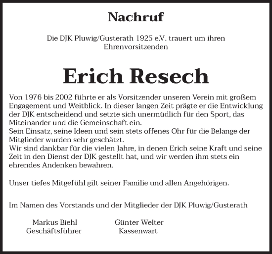 Traueranzeige von Erich Resech von trierischer_volksfreund