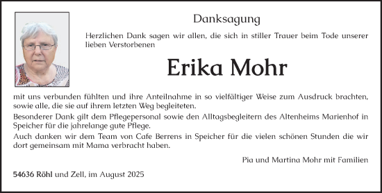 Traueranzeige von Erika Mohr von trierischer_volksfreund