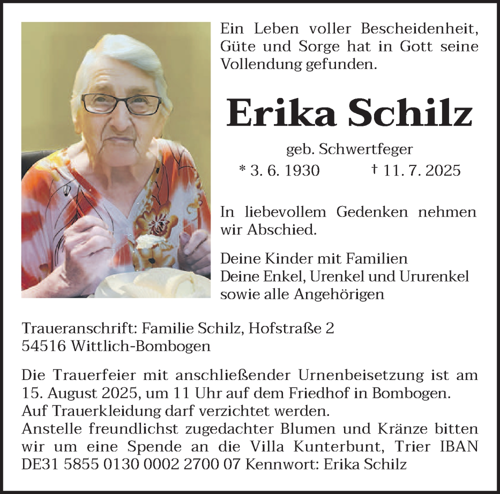  Traueranzeige für Erika Schilz vom 02.08.2025 aus trierischer_volksfreund