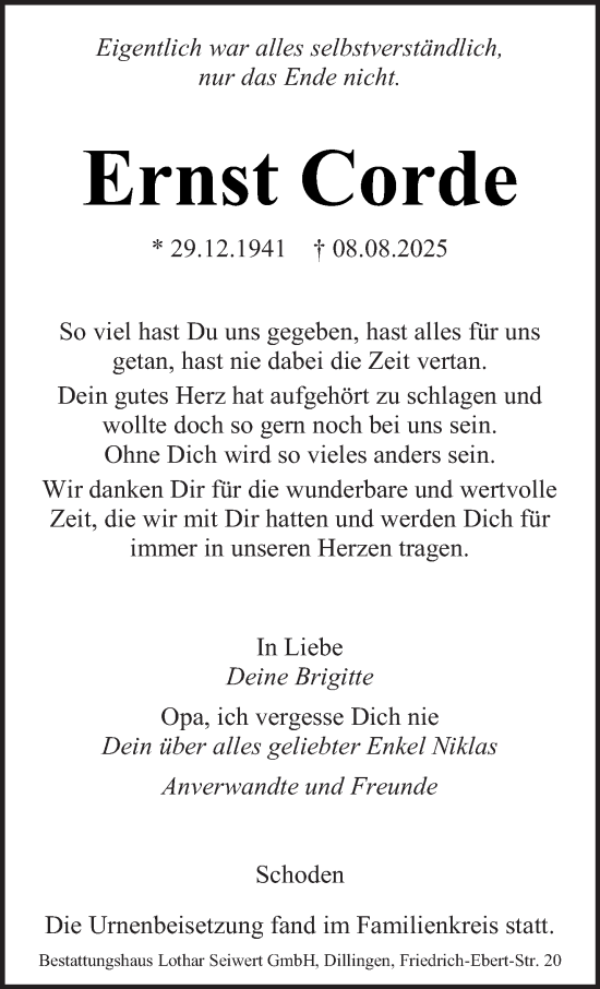 Traueranzeige von Ernst Corde von trierischer_volksfreund