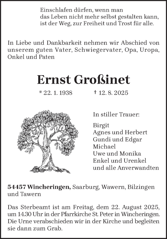 Traueranzeige von Ernst Großinet von trierischer_volksfreund