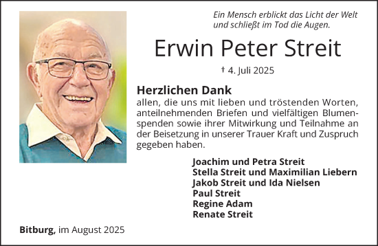 Traueranzeige von Erwin Peter Streit von trierischer_volksfreund