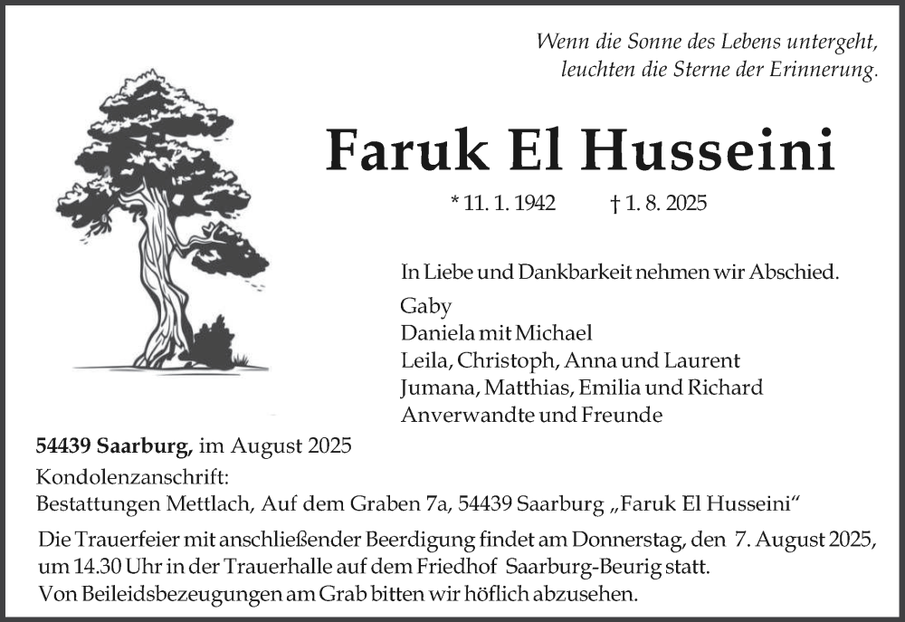  Traueranzeige für Faruk El Husseini vom 06.08.2025 aus trierischer_volksfreund