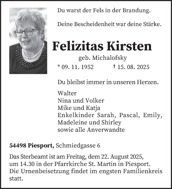Traueranzeige von Felizitas Kirsten von trierischer_volksfreund