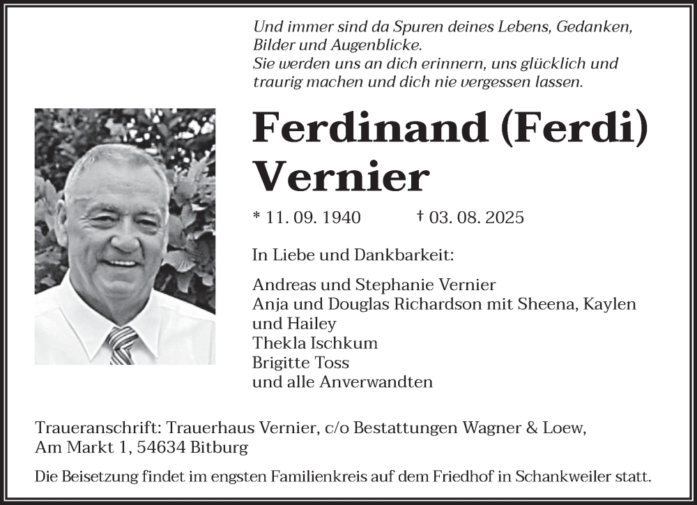  Traueranzeige für Ferdinand Vernier vom 09.08.2025 aus trierischer_volksfreund
