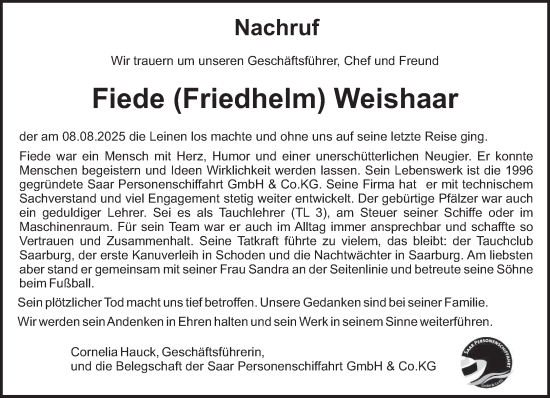 Traueranzeige von Fiede Weishaar von trierischer_volksfreund