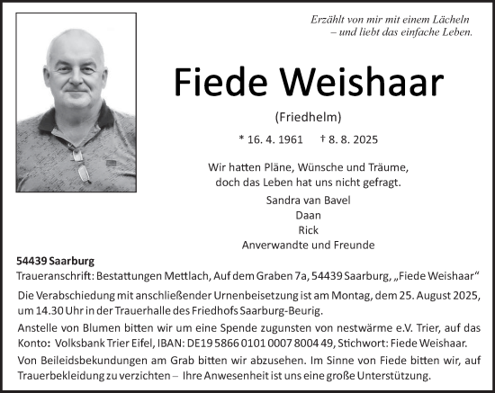 Traueranzeige von Fiede Weishaar von trierischer_volksfreund