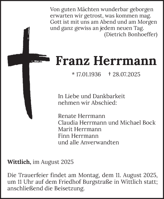 Traueranzeige von Franz Herrmann von trierischer_volksfreund