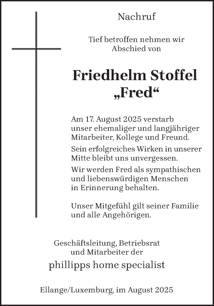  Traueranzeige für Friedhelm Stoffel vom 27.08.2025 aus trierischer_volksfreund