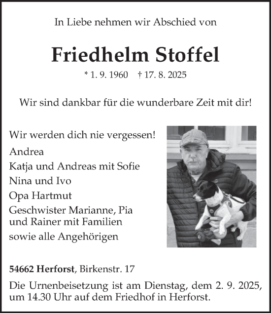 Traueranzeige von Friedhelm Stoffel von trierischer_volksfreund