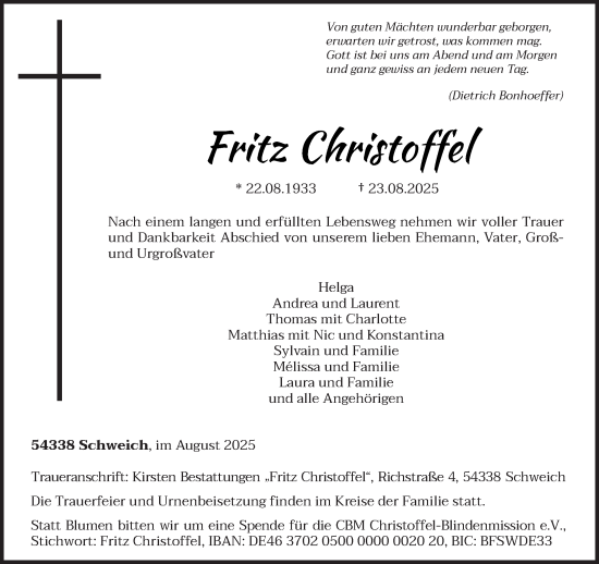 Traueranzeige von Fritz Christoffel von trierischer_volksfreund