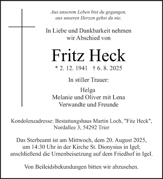 Traueranzeige von Fritz Heck von trierischer_volksfreund