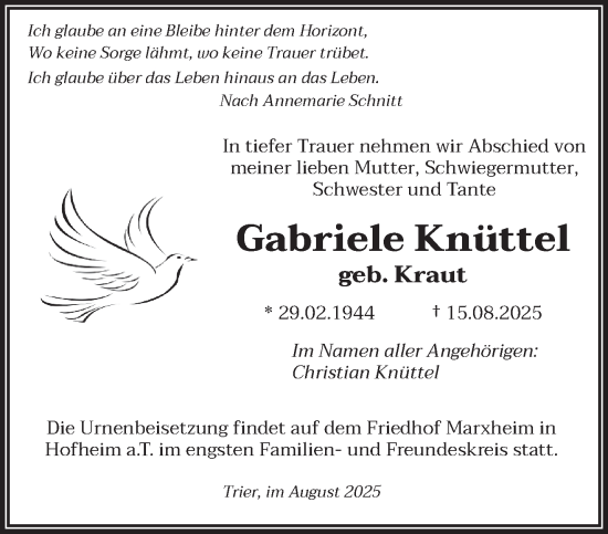 Traueranzeige von Gabriele Knüttel von trierischer_volksfreund