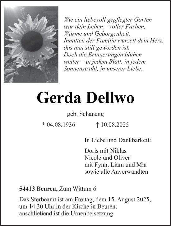 Traueranzeige von Gerda Dellwo von trierischer_volksfreund