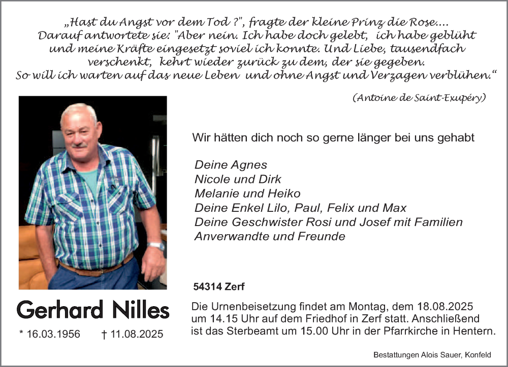  Traueranzeige für Gerhard Nilles vom 16.08.2025 aus trierischer_volksfreund