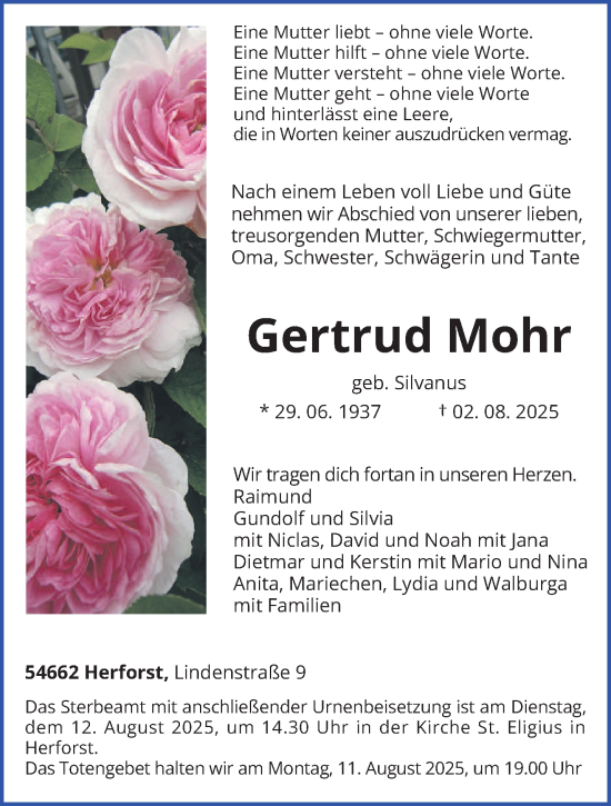 Traueranzeige von Gertrud Mohr von trierischer_volksfreund