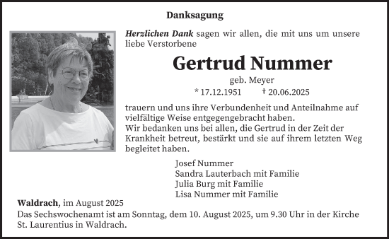 Traueranzeige von Gertrud Nummer von trierischer_volksfreund