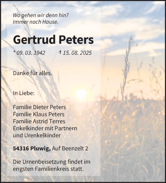 Traueranzeige von Gertrud Peters von trierischer_volksfreund