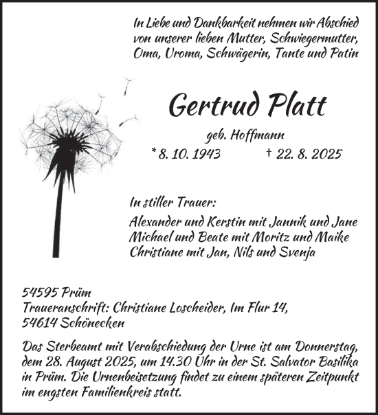 Traueranzeige von Gertrud Platt von trierischer_volksfreund