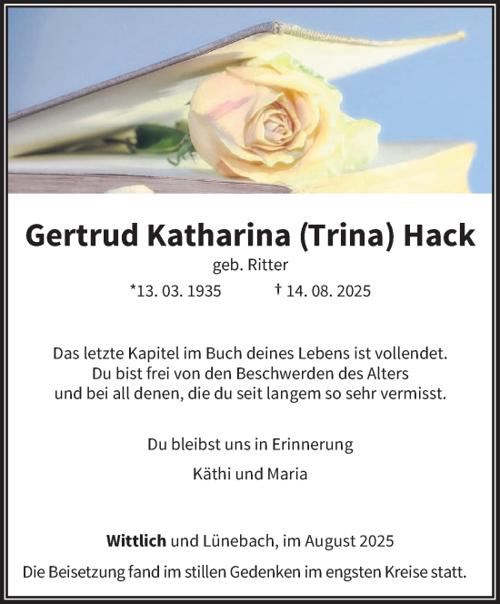 Traueranzeige von Gertrud Katharina Hack von trierischer_volksfreund