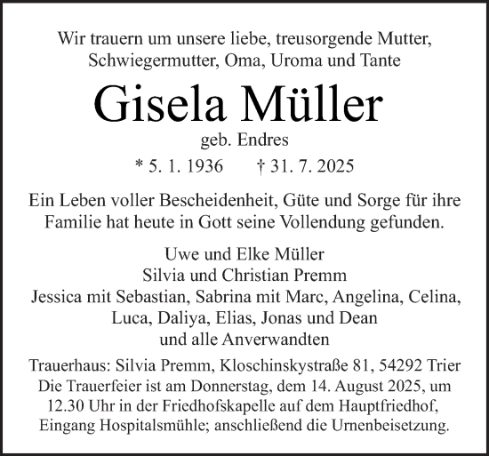 Traueranzeige von Gisela Müller von trierischer_volksfreund
