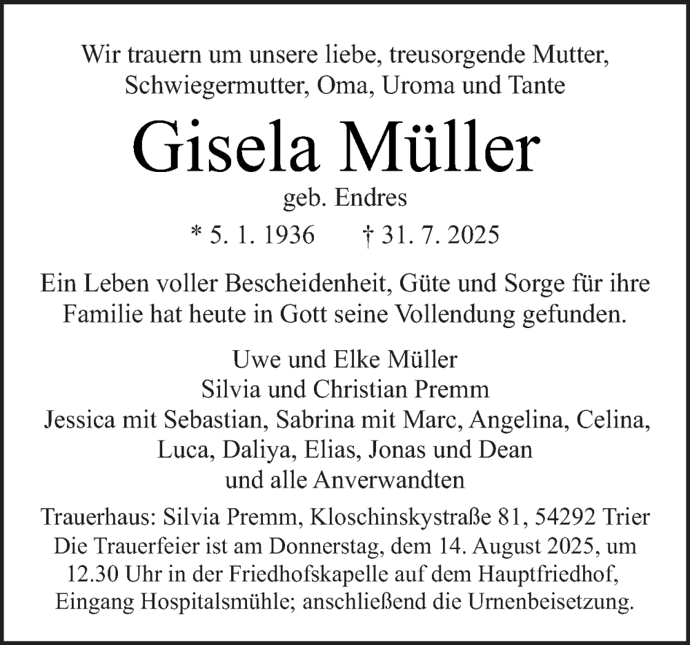  Traueranzeige für Gisela Müller vom 09.08.2025 aus trierischer_volksfreund