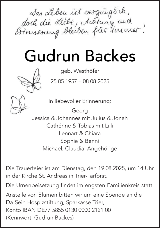 Traueranzeige von Gudrun Backes von trierischer_volksfreund