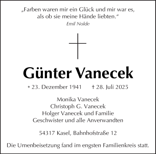 Traueranzeige von Günter Vanecek von trierischer_volksfreund