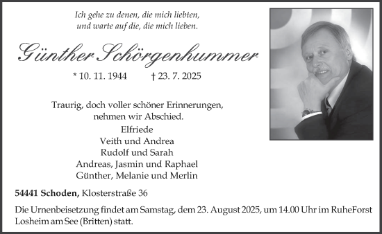 Traueranzeige von Günther Schörgenhummer von trierischer_volksfreund