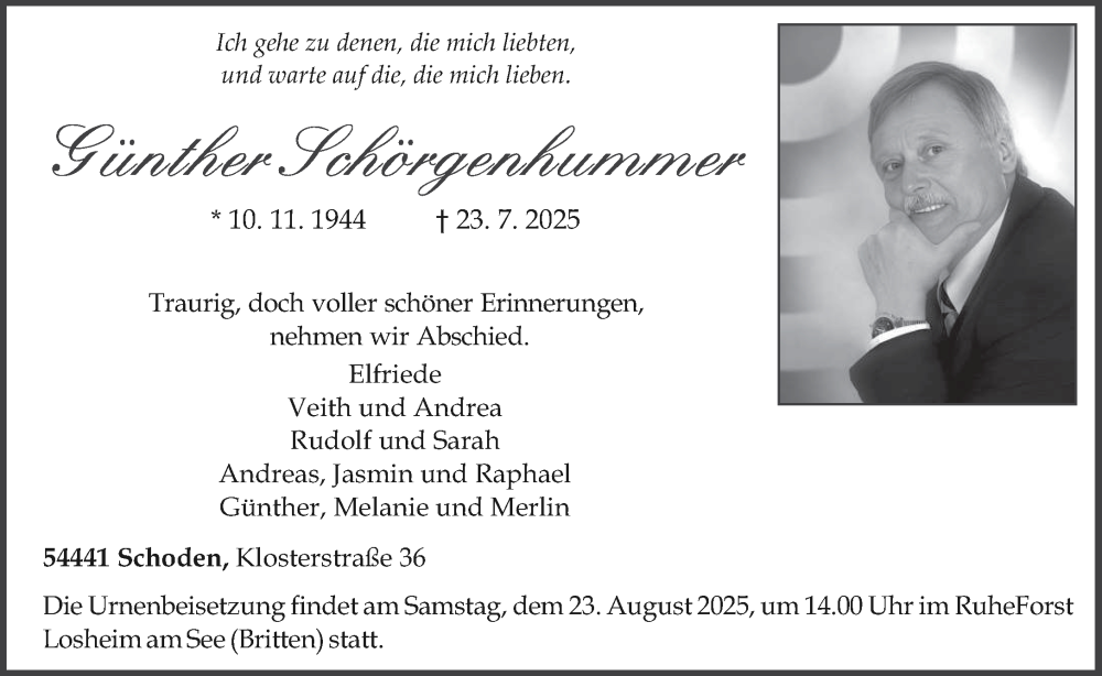  Traueranzeige für Günther Schörgenhummer vom 02.08.2025 aus trierischer_volksfreund