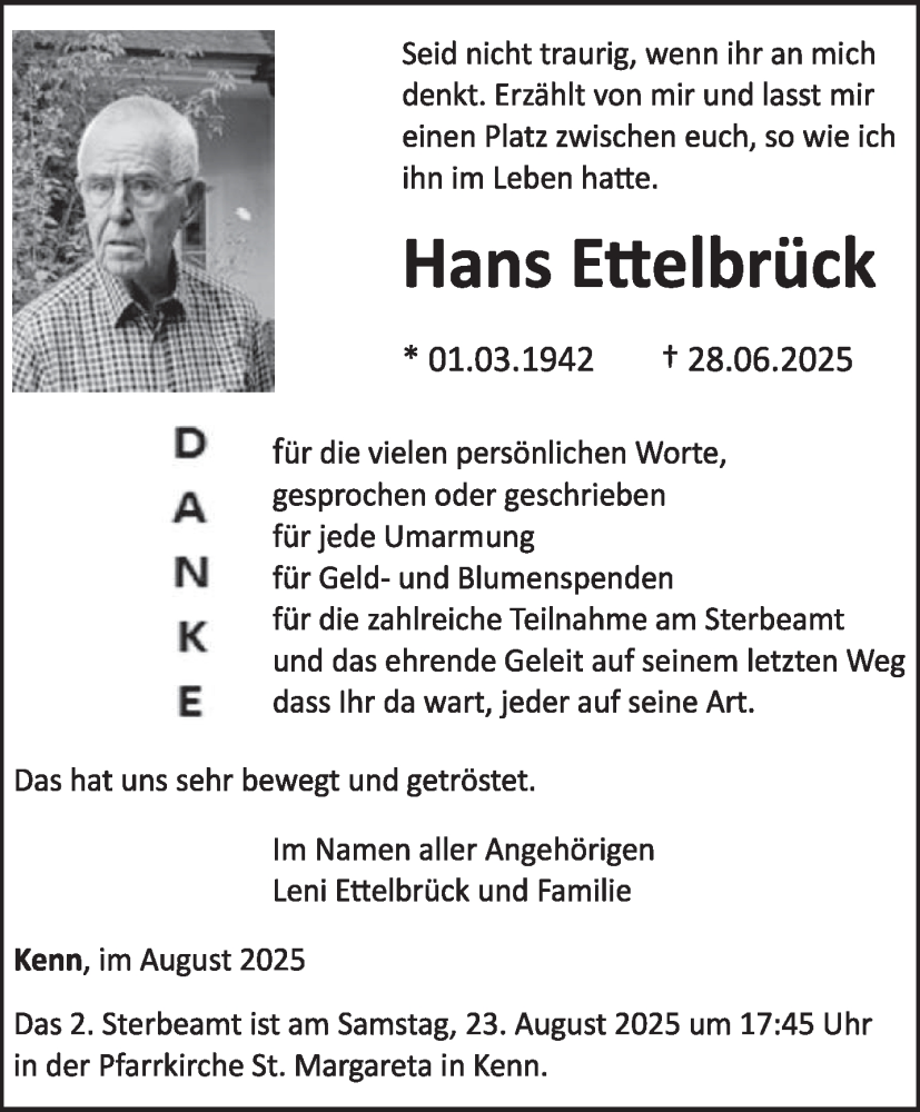  Traueranzeige für Hans Ettelbrück vom 16.08.2025 aus trierischer_volksfreund