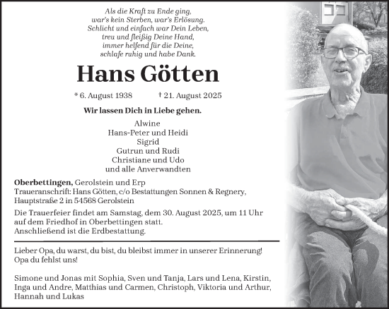Traueranzeige von Hans Götten von trierischer_volksfreund