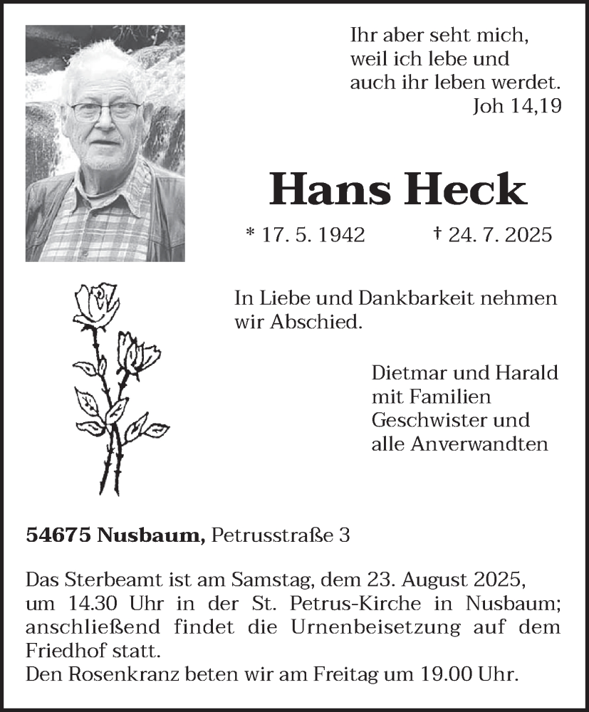  Traueranzeige für Hans Heck vom 16.08.2025 aus trierischer_volksfreund