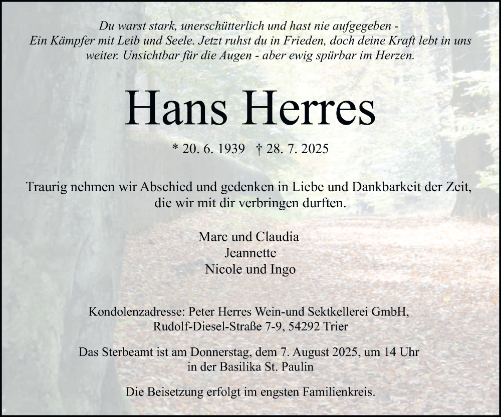  Traueranzeige für Hans Herres vom 02.08.2025 aus trierischer_volksfreund