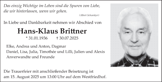 Traueranzeige von Hans-Klaus Brittner von trierischer_volksfreund