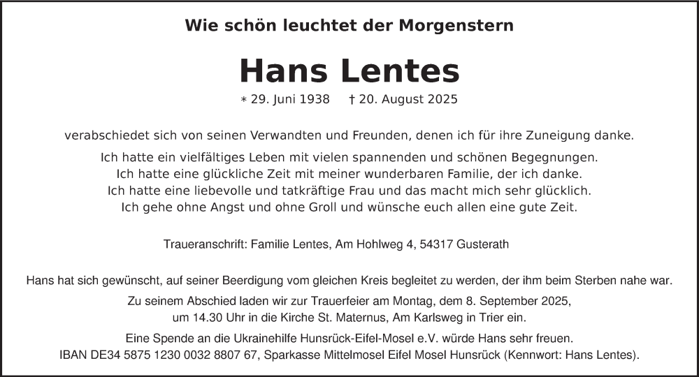  Traueranzeige für Hans Lentes vom 30.08.2025 aus trierischer_volksfreund