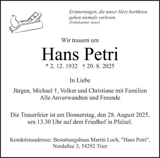 Traueranzeige von Hans Petri von trierischer_volksfreund