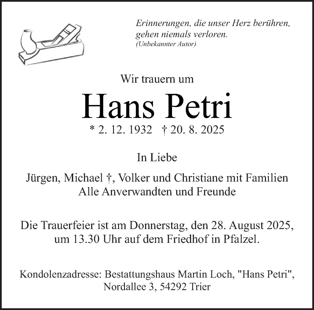  Traueranzeige für Hans Petri vom 26.08.2025 aus trierischer_volksfreund