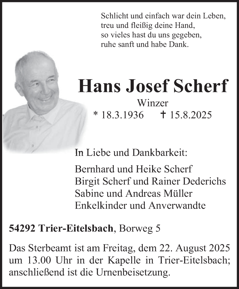  Traueranzeige für Hans Josef Scherf vom 20.08.2025 aus trierischer_volksfreund