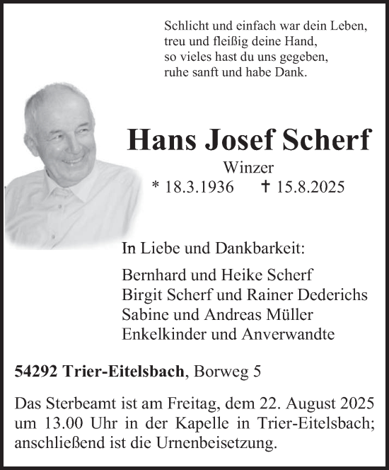 Traueranzeige von Hans Josef Scherf von trierischer_volksfreund
