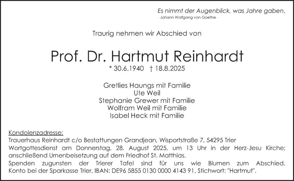  Traueranzeige für Hartmut Reinhardt vom 23.08.2025 aus trierischer_volksfreund