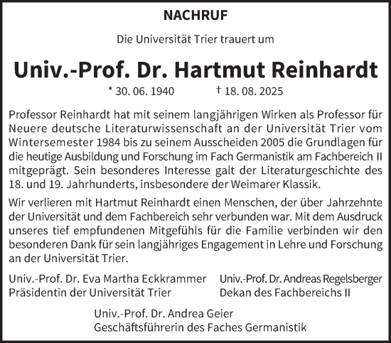 Traueranzeige von Hartmut Reinhardt von trierischer_volksfreund